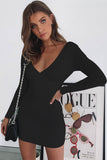 Flytonn-nye outfits Cozy Long Sleeve V Neck Ruched Bodycon Mini Dress - Black-back to school outfits Christmas  Outfits Thanksgiving Gift New Year's Eve