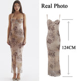 Summer Slim Wedding Guest Dress Women Mesh Spaghetti Strap Floral Print Maxi Prom Dress Sexy Bride Evening Party Dresses 2025-nye outfits