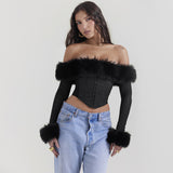 Flytonn Long Sleeve Corset Top Faux Fur Collar Bodycon Cropped Top Sexy Black Elegant Off The Shoulder Blouse Women's Clothing-nye outfits