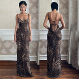 Flytonn-y2k outfits Fashion Sexy Backless Leopard Print Strap Camisole Dress Summer Spicy Girl Strap Slimming Wrap Hip Long Maxi Dress for Women