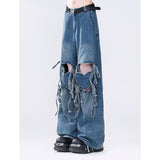 Flytonn-Women Retro Blue Pants Baggy Vintage Y2k Harajuku 90s Aesthetic Pants Hollow Out High Waist Wide Leg Trouser 2000s Clothes 2024