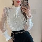 Flytonn-back to school outfits Long Sleeve Semi High Collar Knitted Stitching Blouse Shirt-spring outfits