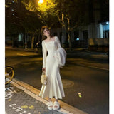 Flytonn-y2k outfits Autumn Korean Fashion Long Dress for Women Spicy Girl Slim Fit Long Sleeve Square Neck Waist Slim Temperament Fishtail Dress