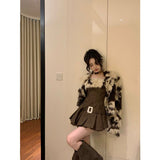 Flytonn-y2k outfits Autumn and Winter New Imitation Fur Leopard Pattern Fur Coat Waist Slimming Coffee Color Slip Dress Two Piece Set Women Outfits