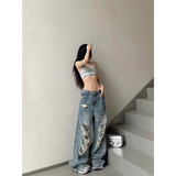 Flytonn-High Waist Ripped Women's Blue Jeans Hip-hop Style Fashion Vintage Streetwear Y2K Wide Leg Jean 2000s Trouser Baggy Denim Pants