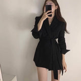 Flytonn-y2k outfits Black Suit Jacket Women Tops Autumn New Korean Commuting Mid Length Suit Dress Waist Slimming Lace up Blazers Women Clothing