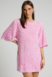 Flytonn-nye outfits Sparkly Sequin Crew Neck Short Sleeve Oversized Velvet Party Mini Dress - Pink