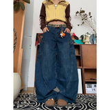 Flytonn-2024 Autumn Women's Casual Solid Harajuku Jeans Y2K Wide Leg Baggy Punk Denim Trouser Vintage Aesthetic Emo Loose Washed Pants