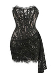 Flytonn-nye outfits Sexy Sweetheart Neck Ruched Draped Corset Lace Prom Party Mini Dress - Black