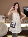 Flytonn-y2k outfits Summer Sweet Lace Hollow Strap Camisole Dress for Women Spring Sleeveless Loose Casual A-line Cover up Layered Short White Dress