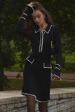 Flytonn-nye outfits Preppy Chic Contrast Collar Button Up Long Sleeve Ribbed Knit Sweater Mini Dress - Black