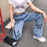 Flytonn-Women's High Waisted Jeans Butterfly Print Straight Wide Leg Denim Pants Baggy Loose Casual Trousers Streetwear