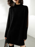 Flytonn-Black Friday Sale - Loose Long Sleeves Contrast Color Half Turtleneck Sweater Dresses