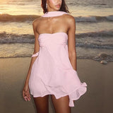 Flytonn Pleated Strapless Mini Dress With Scarf Women's Sexy Plunge A-line Mini Dress Vacation Beach Dress Solid Elegant  Female