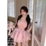 Flytonn-y2k outfits Party Birthday Dress for Women Summer Pink Strapless One Shoulder Sweet Girl High Waist Slimming Fluffy Cake Short Mini Dress