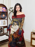 Flytonn-y2k outfits Sexy Off Shoulder Unique Printed Design Long Sleeve Dress for Women Early Spring New Retro Oil Painting Slimming Long Dress