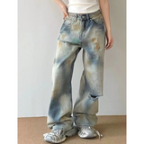 Flytonn-2024 Autumn Vintage Ripped Harajuku Y2K Loose Jeans Hollow Out Tassels Pants Women's Wide Leg Trashy Print Baggy Denim Trouser