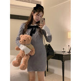 Flytonn-Sweet Hot Girl Pure Sexy Polo-neck Bow Dress Women's Autumn Long-sleeved Sexy Contrast Knitted Dress Fashion Female Clothes