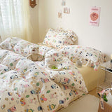 Flytonn-2025 Spring Bedding Set Cute Floral Duvet Cover Set Ins Korean Style with Flat Sheet Pillowcase No filler Washed Cotton Queen Double Home Bed Linens