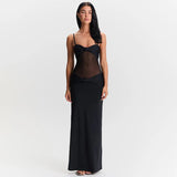 Flytonn Sexy Backless Twist Suspender Dress Women's Mesh Splice Beach Party Maxi Dress Elegant See Through Spaghetti Strap Dress