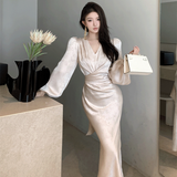 Flytonn-y2k outfits French Elegant Satin V-neck Long Sleeve Fishtail Dress for Women Autumn Temperament High End Waist Slimming Hip Wrap Maxi Dress