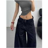 Flytonn-2024 Autumn Women's Casual Blue Harajuku Jeans Vintage Solid Loose Washed Pants Retro Y2K Wide Leg Punk Baggy Denim Trouser