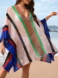 Flytonn-Winter Outfits Christmas Thanksgiving Gift New Year's Eve Outwear Batwing Sleeves Loose Hollow Striped Sun Protection V-Neck Beach Cover-Up