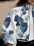 Flytonn-Winter Outfits Christmas Thanksgiving Gift New Year's Eve Outwear Loose Puff Sleeves Floral Printed Stand Collar Jackets Outerwear