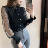 Flytonn-back to school outfits Long Sleeve Semi High Collar Knitted Stitching Blouse Shirt-spring outfits