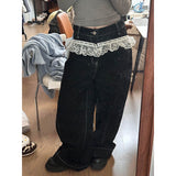 Flytonn-Spring Women Cargo Harajuku Lace Spliced Jeans Y2K Wide Leg Baggy Punk Denim Trouser Vintage 90s Aesthetic Emo Loose Washed Pant