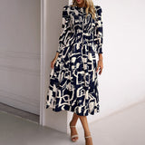 Flytonn-Black Friday Sale - Women's Elegant Printed Round Neck Long Sleeve Midi Dress