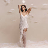 Flytonn-y2k outfits Sexy Backless Strap Camisole Dress Summer Beach Style Sweet Girl Irregular Fold Slimming A-line White Mini Dress for Women