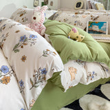 Flytonn-2025 Spring Bedding Set Cream Floral Bedding Set No Filler Breathable Green Ins Double Queen Size Comforter Duvet Cover Flat Sheet Pillowcase Bed Linens