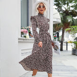 Flytonn-Black Friday Sale - Fashionable Women's High Neck Long Sleeve Printed Midi Dress