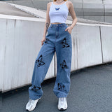 Flytonn-Women's High Waisted Jeans Butterfly Print Straight Wide Leg Denim Pants Baggy Loose Casual Trousers Streetwear