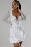 Flytonn-nye outfits Luxury Plunge Beaded Crystal Mesh Panel Ruffle Bodycon Party Mini Dress