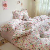 Flytonn-2025 Spring Bedding Set Cute Floral Duvet Cover Set Ins Korean Style with Flat Sheet Pillowcase No filler Washed Cotton Queen Double Home Bed Linens