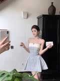 Flytonn-y2k outfits Sweet Striped Strapless Dress for Women Summer Bow Tie Backless Waist Slimming A-line Elegant Short Dress Summer Women Clothing