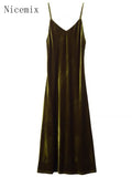 Flytonn-y2k outfits Nicemix V-neck Green Velvet Suspender Dress Women Hong Kong Style Vintage Temperament Holiday Open Back Elegant Party Long Robe