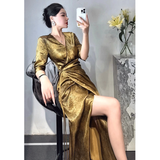 Flytonn-y2k outfits Summer French Style V-neck Gold Acetate Satin Maxi Dress for Women High end Elegant Lace up Slimming Formal Evening Dresses