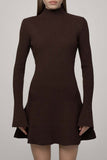 Flytonn-nye outfits Chic High Neck Flared Long Sleeve Rib Knit Winter Sweater Mini Dress - Coffee