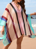 Flytonn-Winter Outfits Christmas Thanksgiving Gift New Year's Eve Outwear Batwing Sleeves Loose Hollow Striped Sun Protection V-Neck Beach Cover-Up