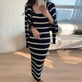 Flytonn-y2k outfits Spring New Chic Strap Striped Knitted Camisole Dress for Women Wrap Hip Slimming Maxi Dress Cardigan Two Piece Set Women Outfits