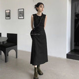 Flytonn-y2k outfits French Retro Summer Korean Fashion New Solid Color High Waist Slimming Long Dress Backless Round Neck Sleeveless Black Dresses