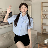 Spring Outfits Back To School Outfits Flytonn Y2K Puff Short Sleeve Blouse Women Asymmetrical Belt Chic Slim Shirts Student Summer Korean Irregular White Crop Tops New