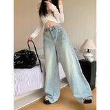 Flytonn-American Vintage High Waist Y2K Wide Leg Jeans Women Casual 2000s Light Pants Baggy Grunge High Street Washed Denim Trouser