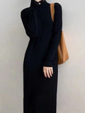 Flytonn-Black Friday Sale - Long Sleeves Loose Fringed Solid Color Mock Neck Midi Dresses Sweater Dresses