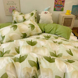 Flytonn-2025 Spring Bedding Set Korean Style Duvet Cover Set No Filler Fashion Floral Ins Twin Double Queen Size Boys Girls Flat Sheet Pillowcases Bedding Linen