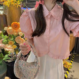 Spring Outfits Back To School Outfits Flytonn Sweet Cute White Shirt Women Pink Ruffles Puff Sleeve Blouse Student Summer Kawaii Preppy Japanese Loose Casual Crop Tops