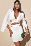 Flytonn-nye outfits Puff Sleeve Cutout Wrap Front Blazer Mini Two Piece Dress - White